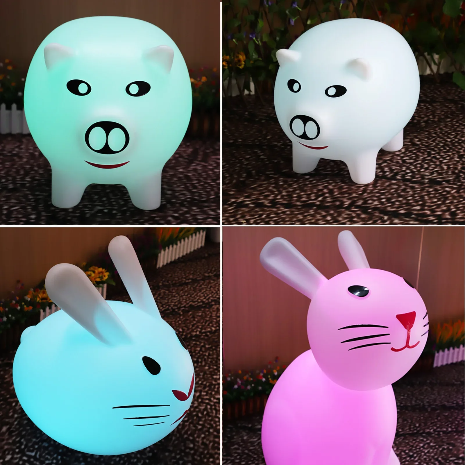 

Led glow, cartoon, pig rabbit, lights colorful, animals, shapes, atmosphere