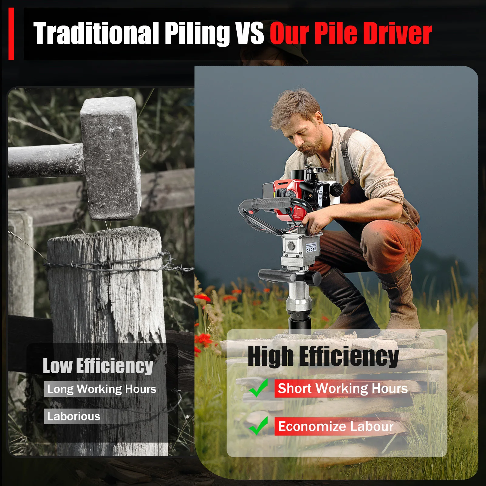 Powered T Fence Post Driver, Portable Farm Piling Driver Single Cylinder Gasoline Push Tool Machine for Fence Posts Stakes Pipe