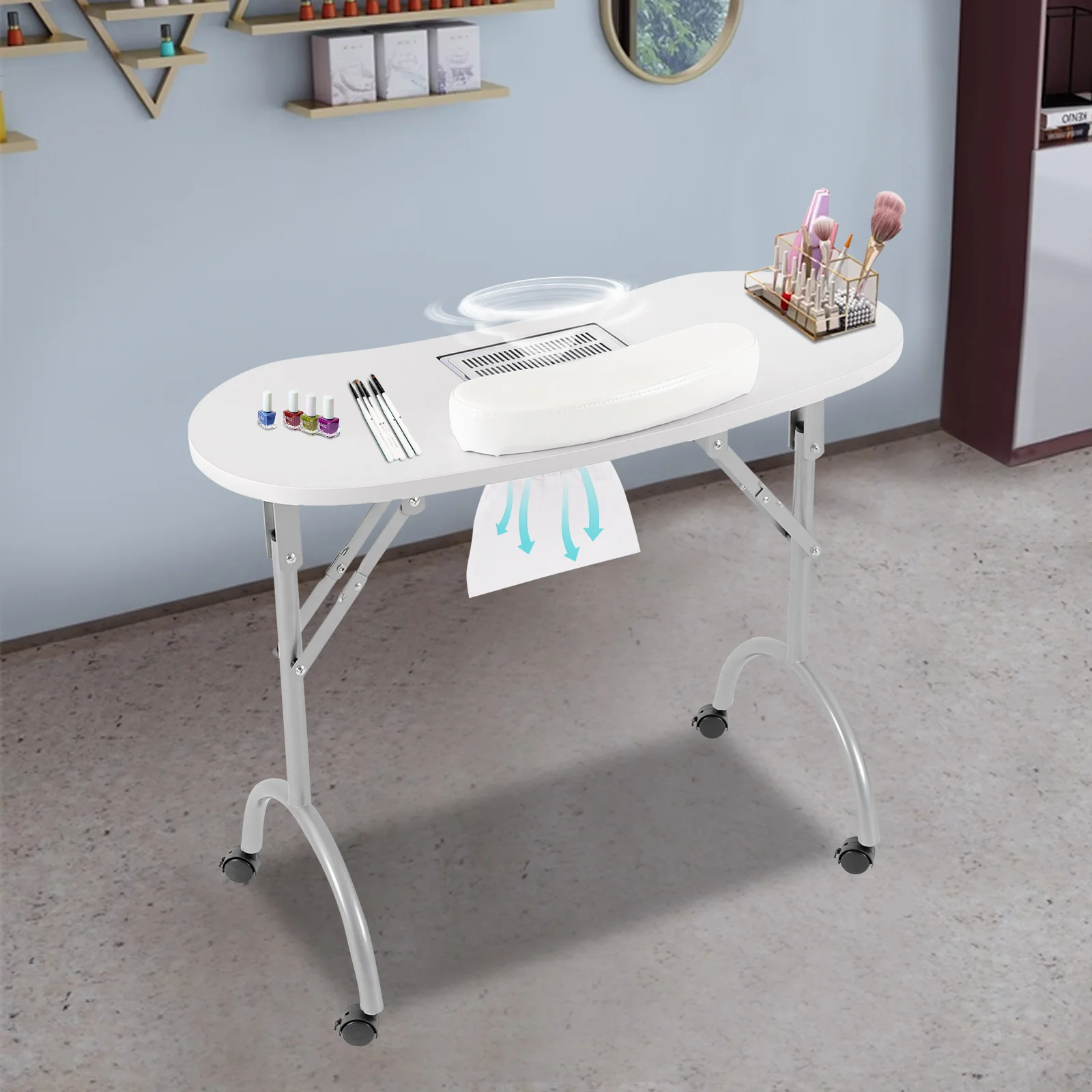 Table de Manucure Pliable avec Extraction de Poussière pour N64., Sac Poubelle et Coussretours de Poignet pour Salon de Manucure