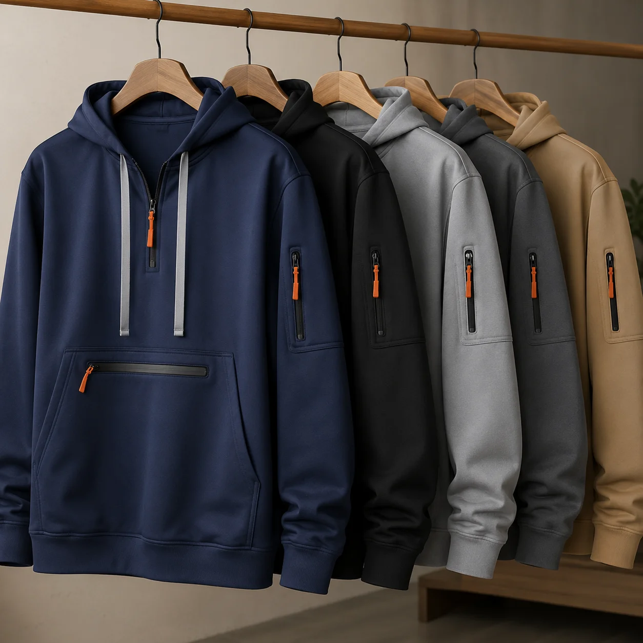 Men Streetwear Half Zip Hoodie Solid Color Long Sleeve Casual Pullover Multi Pocket Outdoor Sports Fashion Sweatshirt Trendy Top