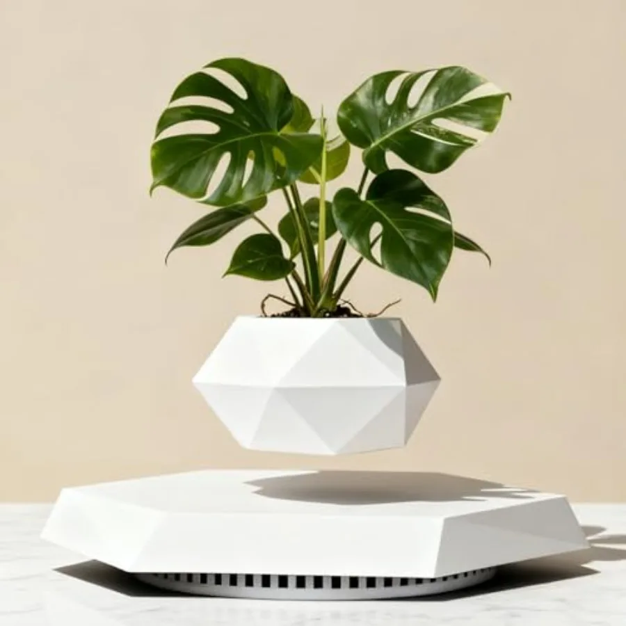 Levitating Plant Pot for home living room office desk decoration, white ceramic, magnetic levitation rotating suspension floati