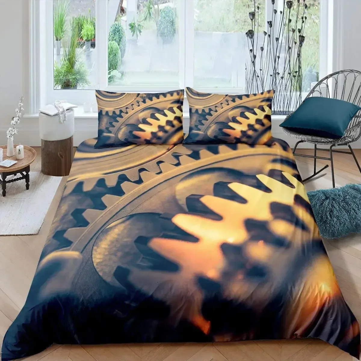 

Gear Retro Golden Clock Comfortable Duvet Quilt Cover Pillowcase Bedding Set Children Bedroom Decoration Home Textile