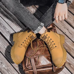 Men's Black Shoes Winter Fleece Warm High Top Work Boots Lace Up Ankle Boots Waterproof Round Toe Thick Soled Snow Cowboy Boots