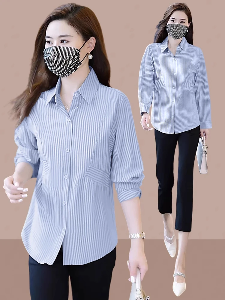 

Модная полосатая рубашка женская, новинка ранней осени-весны 2026, популярный стиль, маленький размер, шикарный топ, блузка с длинным рукавом