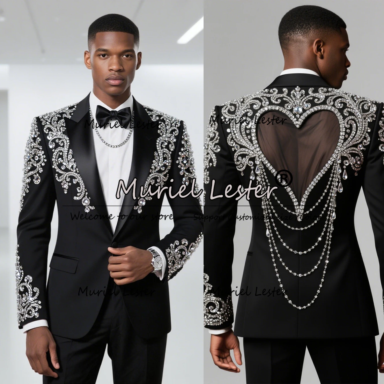 Glittery Rhinestones Beaded Suit Men 2 Pieces Groom Wedding Tuxedos Customized Male Fashion Prom Blazer Costumes Hommes 2027