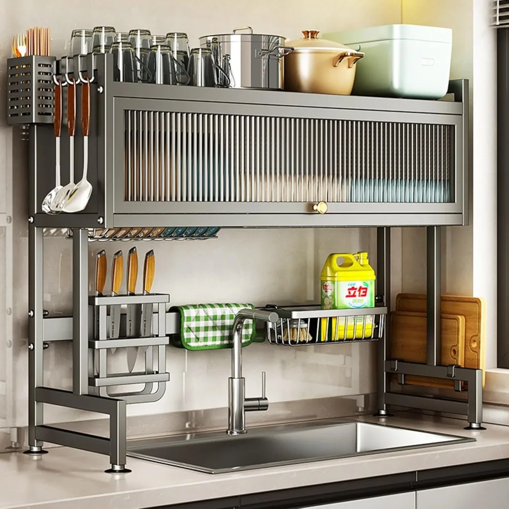 

US Shipping Over the Sink Dish Drainer Drying Rack 3 Tier Shelf Organizer Space Saving with Cover for Dishes Glasses Bowls