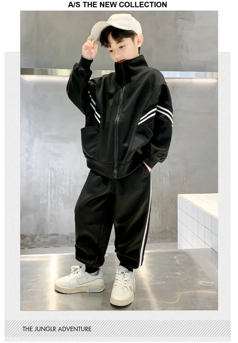 Teenager-Jungen-Bekleidungsset Kinder-Trainingsanzug Schwarz Grau Baumwolle Lose Oberteile Hosen Kinder-Outfits Jungen-Sportbekleidung 4 5 6 7 8 10 12 14 Jahre – Detail 6