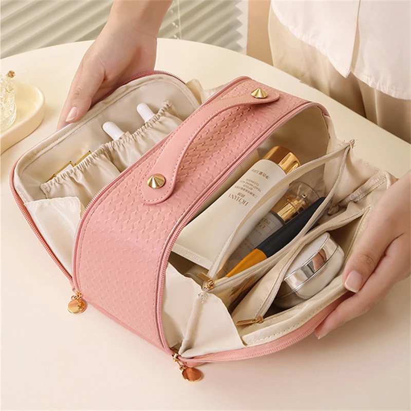 Large Travel Cosmetic Bag for Women Elegant PU Leather Makeup Pouch Female Toiletries Organizer Make Up Storage Pouch Lady Box