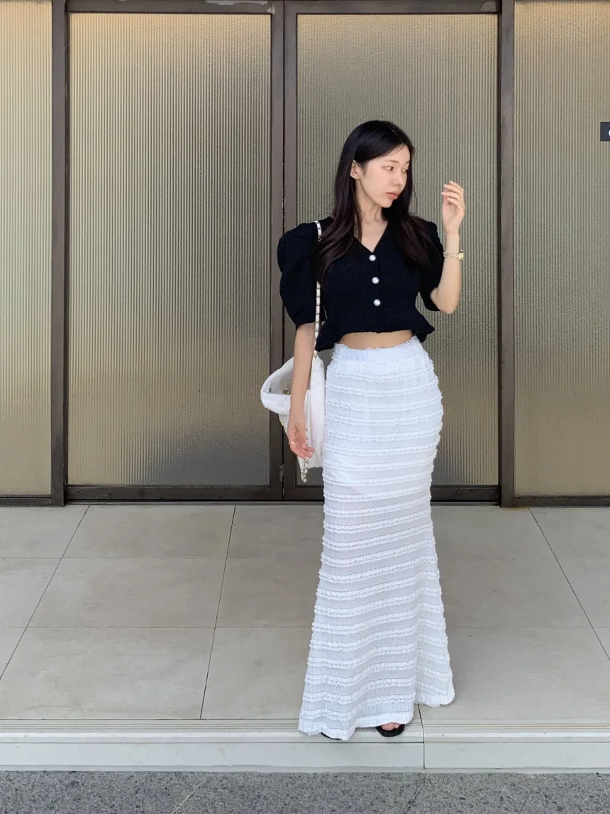 

Retro High Waist Lace Trim Splice f Skirt Women's Slim Fit Fi Tail Long Skirt Trendy Cotton Color Commute Sle