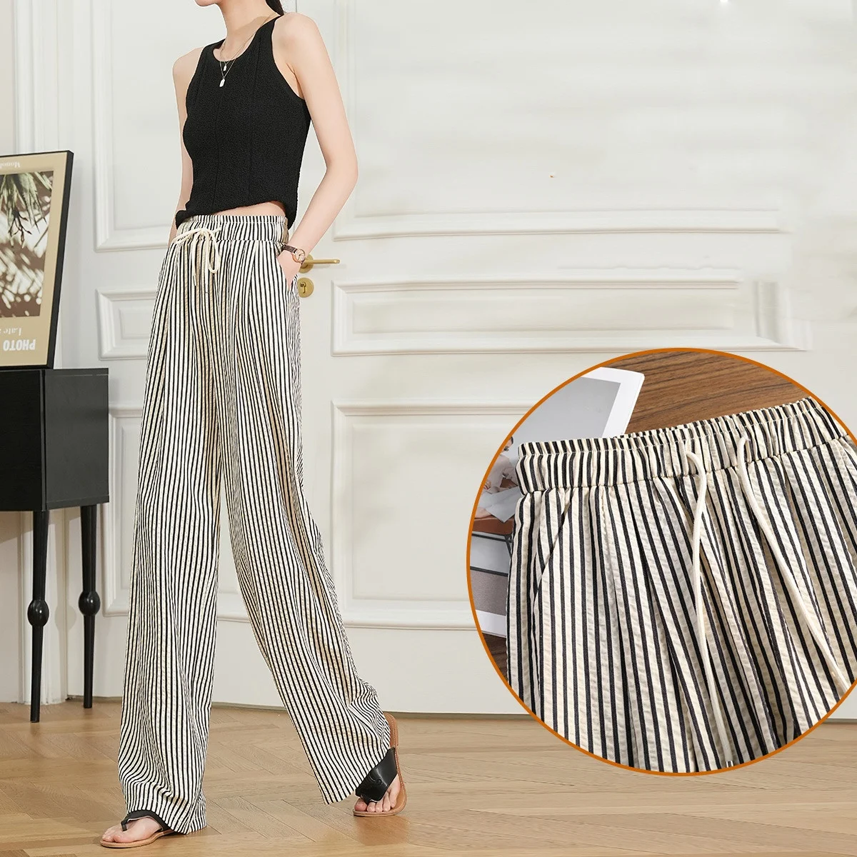 LOUIS YAO Women Casual Long Pants Contrast Color Striped Casual Trousers Loose Fit Straight Wide Leg Pants