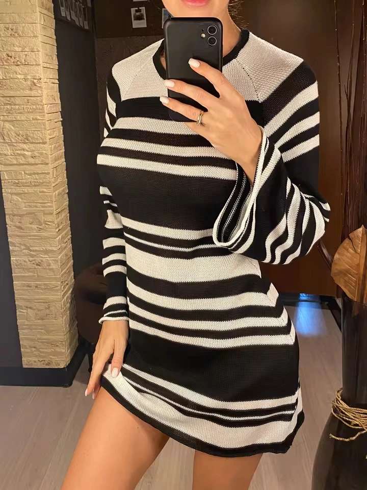 

Striped Backless Long Sleeve Crochet Knitted Tunic Beach Cover Up Cover-ups Beach Dress Beach Wear Beachwear Female Women V6037
