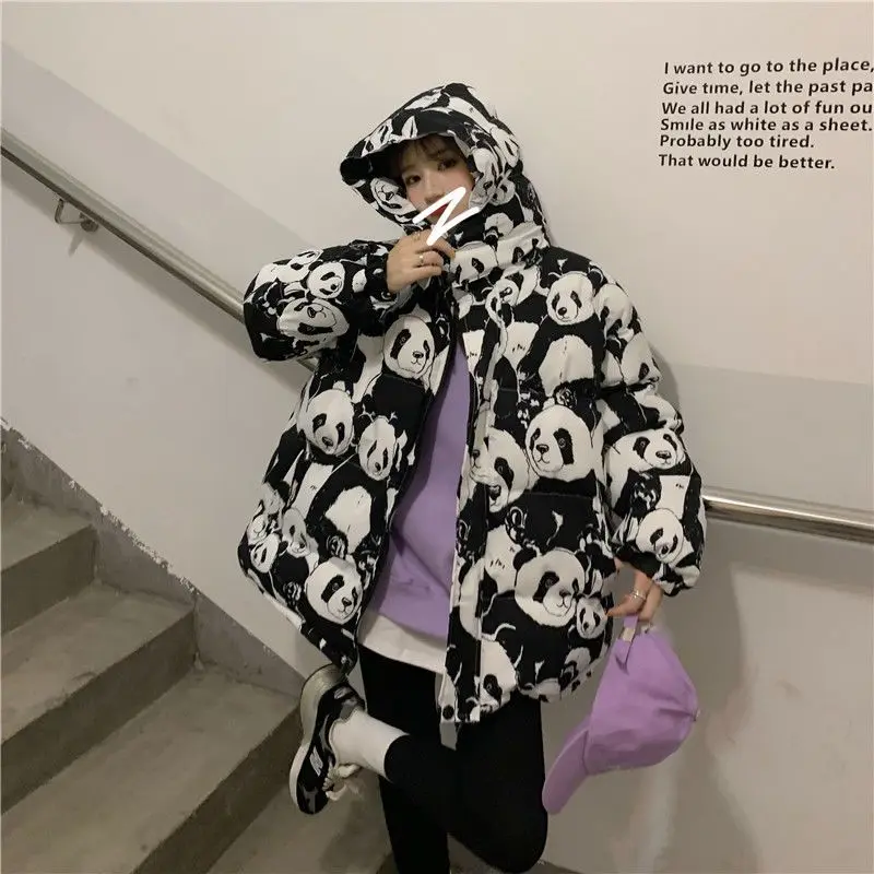 Herbst Winter Parkas koreanische lose Frauen Panda Muster dicken Reiß verschluss volle Winterkleid ung Frauen "Blick aus dem Panda"