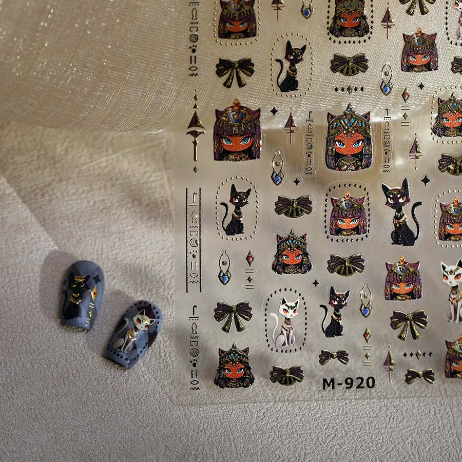 Nail Art Sticker Manicure Decals Retro Noble Mysterious Egyptian Cat Totem Hot Stamping Black Pharaoh Kitty Paw Embossed Reliefs