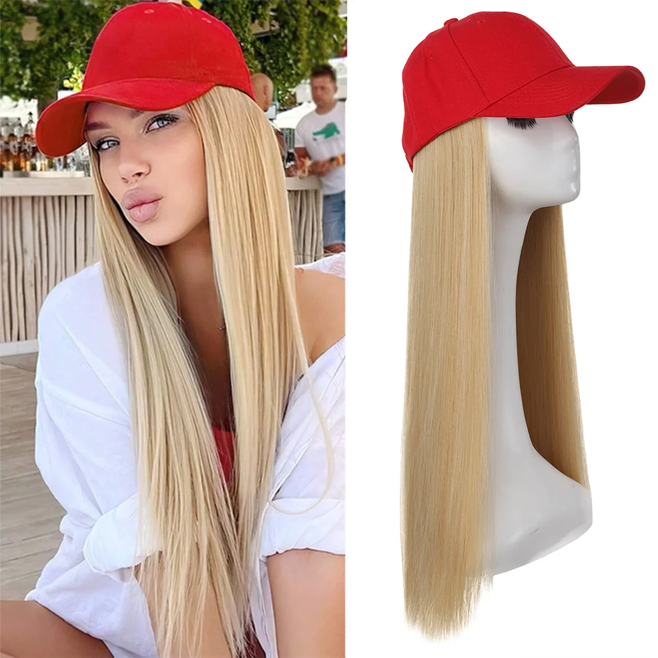 Hat Wigs-synthetic 22inch red baseball cap straight hair wig ducktail long straight hair wig hat extensions wigs christmas hat