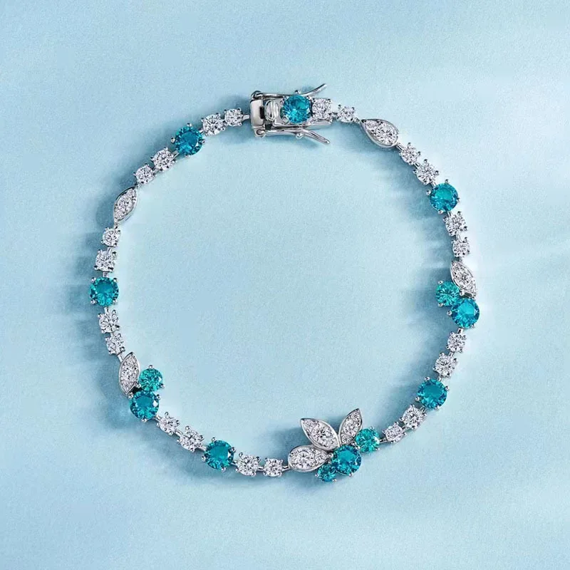 100% Real 925 Sterling Silver Paraiba Tourmaline Diamond Chain Bracelet Bangle Women Wedding Party Fine Jewelry
