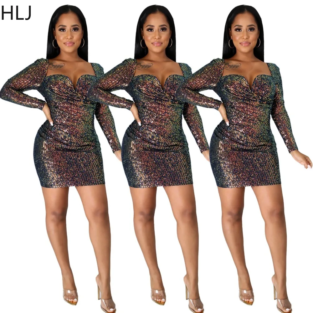 

HLJ Sexy Sequin Bodycon Party Club Mini Dress Women V Neck Puff Sleeve Slim Vestidos Fashion Lady Backless Ruched Clothing 2024