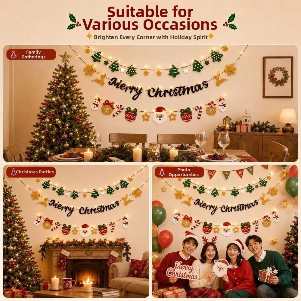 Cartoon Christmas Luminous Banner Warm Light Santa Claus Wall Hanging Banner Battery Powered Creative DIY Pull Flag