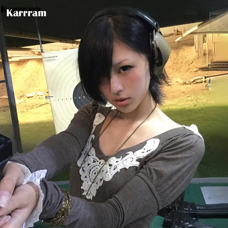 

Karrram японский Y2k кружевные лоскутные топы винтажная трикотажная футболка в стиле Харадзюку с длинными рукавами Trashy стиль 2000-х трикотаж американский 90-е годы