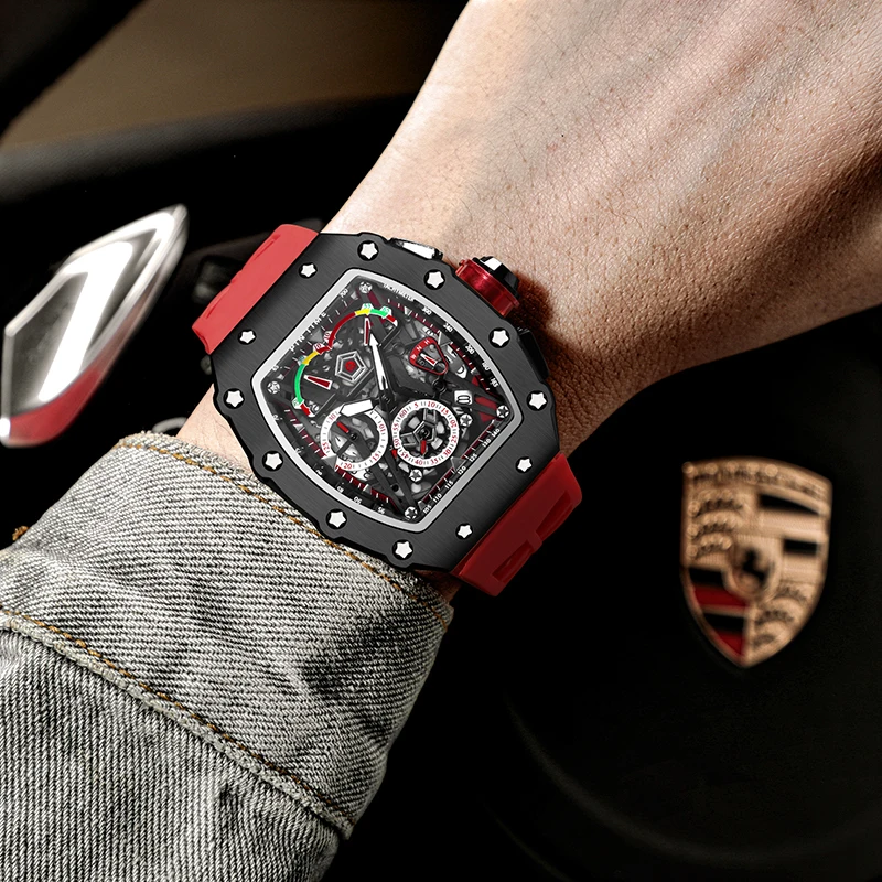 PINTIME Men Luxury Chronograph Hip Hop Watches Military Man Mens Red Wristwatch Clock Male zegarek meski montre