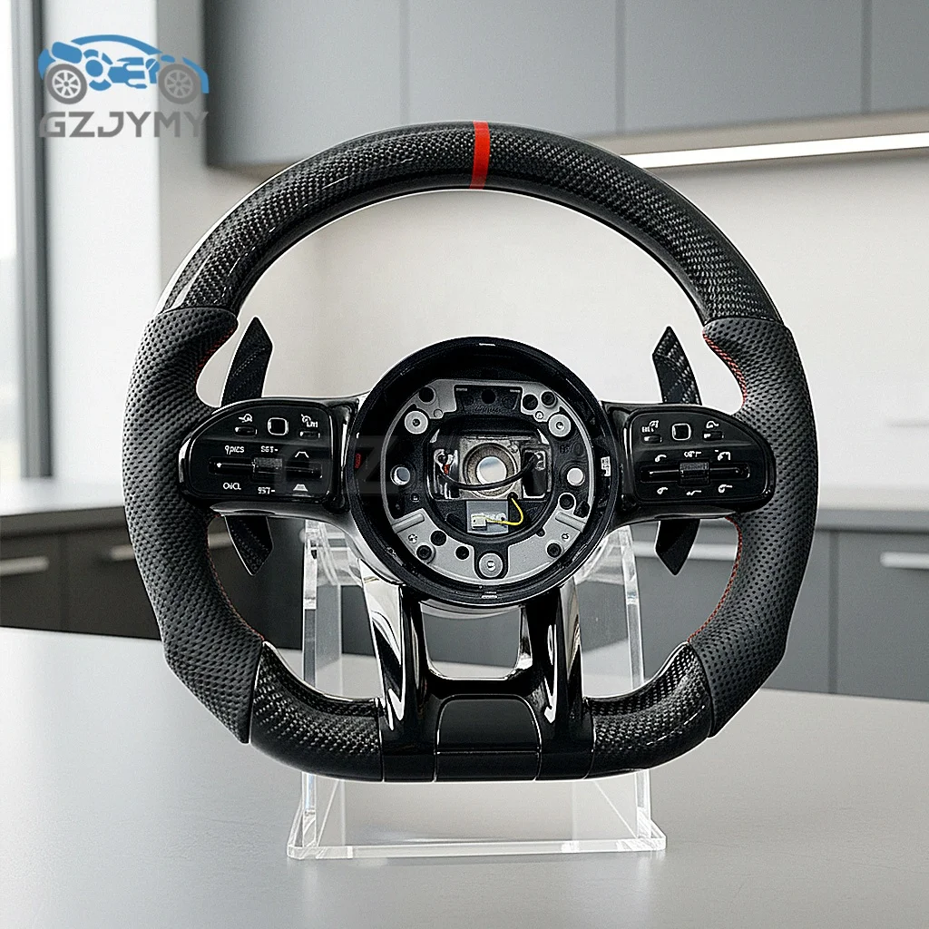 Carbon Fiber Steering Wheel Black Leather LED RPM Sports Upgrade for Mercedes-Benz AMG C/E/S-Class Without airbags