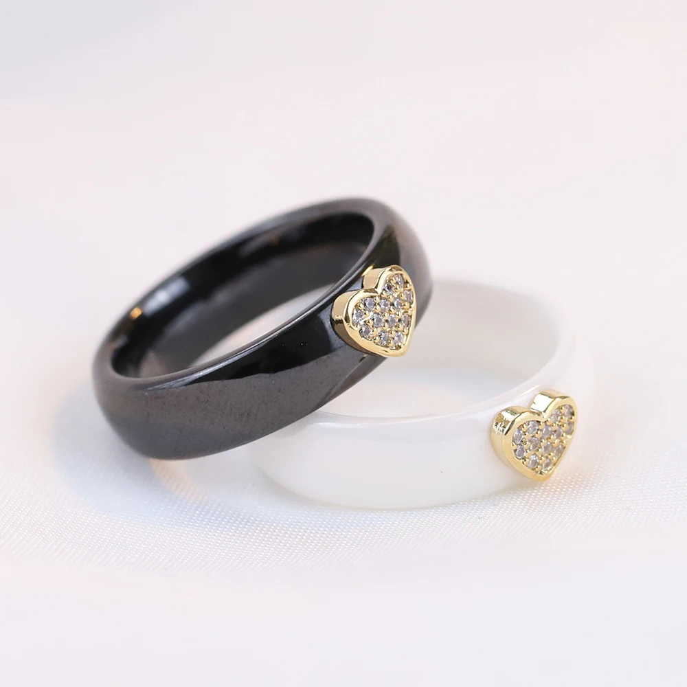 Unique Ceramic Rings Black&White Ceramic Love Heart Cubic Zircon Stainless Steel Ring European Party Jewelry