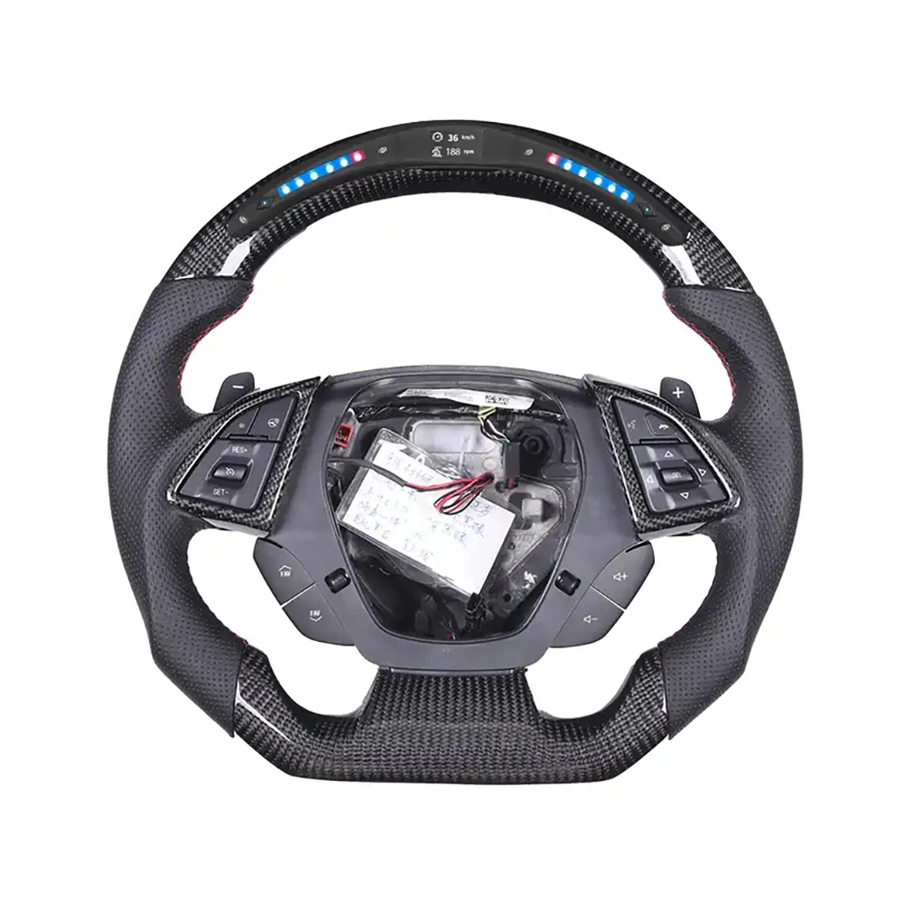 

For Chevy Chevrolet corvette Camaro comanro C6 C8 Z06 ZR1 custom Led carbon fiber half punch leather steering wheel red frame