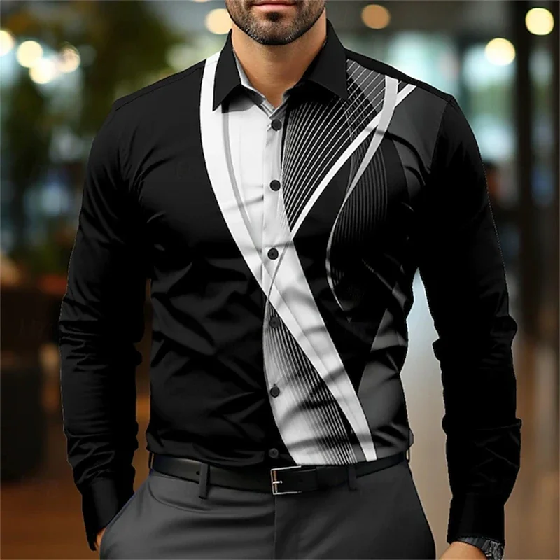 New Men's Fashion Long-sleeved Shirt Spring And Autumn Casual Single-breasted Lapel Shirt 3D Striped Printed Temperament Shirt