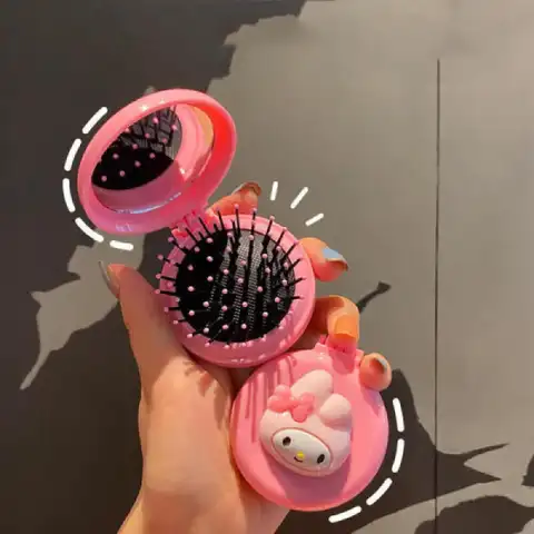 산리오 캐릭터 패치 메이크업 미러, 귀여운 헬로 키티, 시나모롤, 마이 멜로디, 휴대용 접이식 에어백 빗, 귀여운 마사지 빗