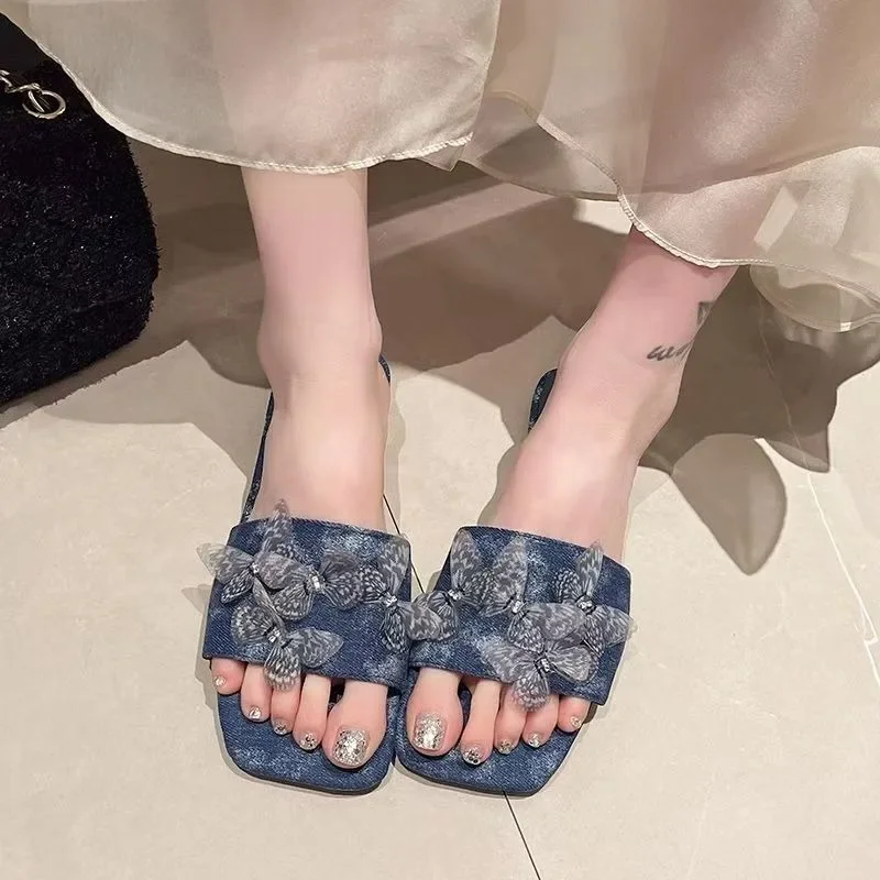 

2025 NEW Flat Butterfly Decoration Slippers for Women's Fashion Denim Retro Flip Flops Casual Beach Shoes Outdoor Slides
