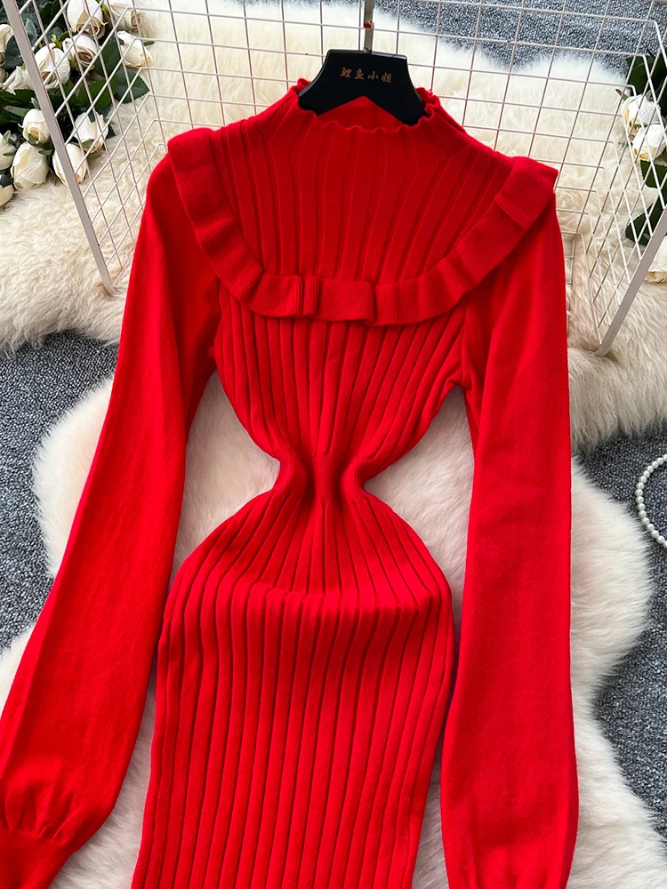 Vestido de malha com borda de fungo francês para mulheres no outono inverno moda sexy cintura cinching camada inferior vestido de lã s186