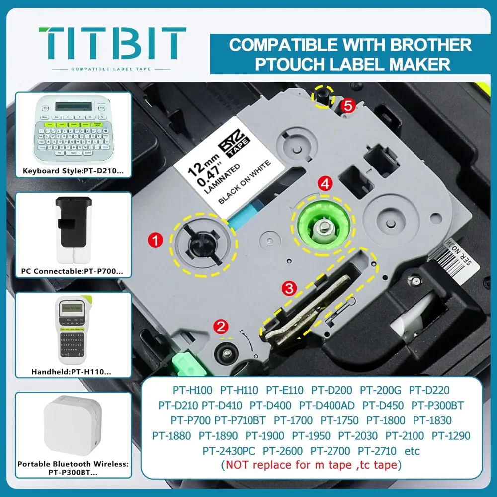 5PK TZe-231Compatible with Brother P Touch Label Maker Cartridges 12mm Laminated White TZ Tape for Label Printer PTH110  PTD600