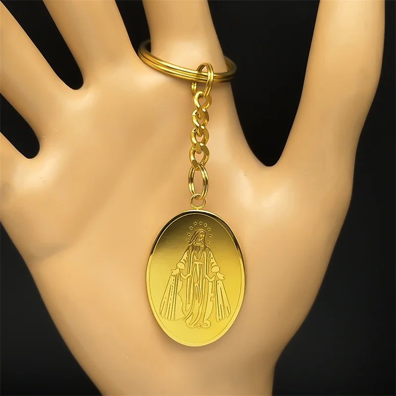 Catholic Virgin Mary Medal Keychain for Women Men Stainless Steel Gold Color Religion Our Lady of Guadalupe Keyring JewelryN2206