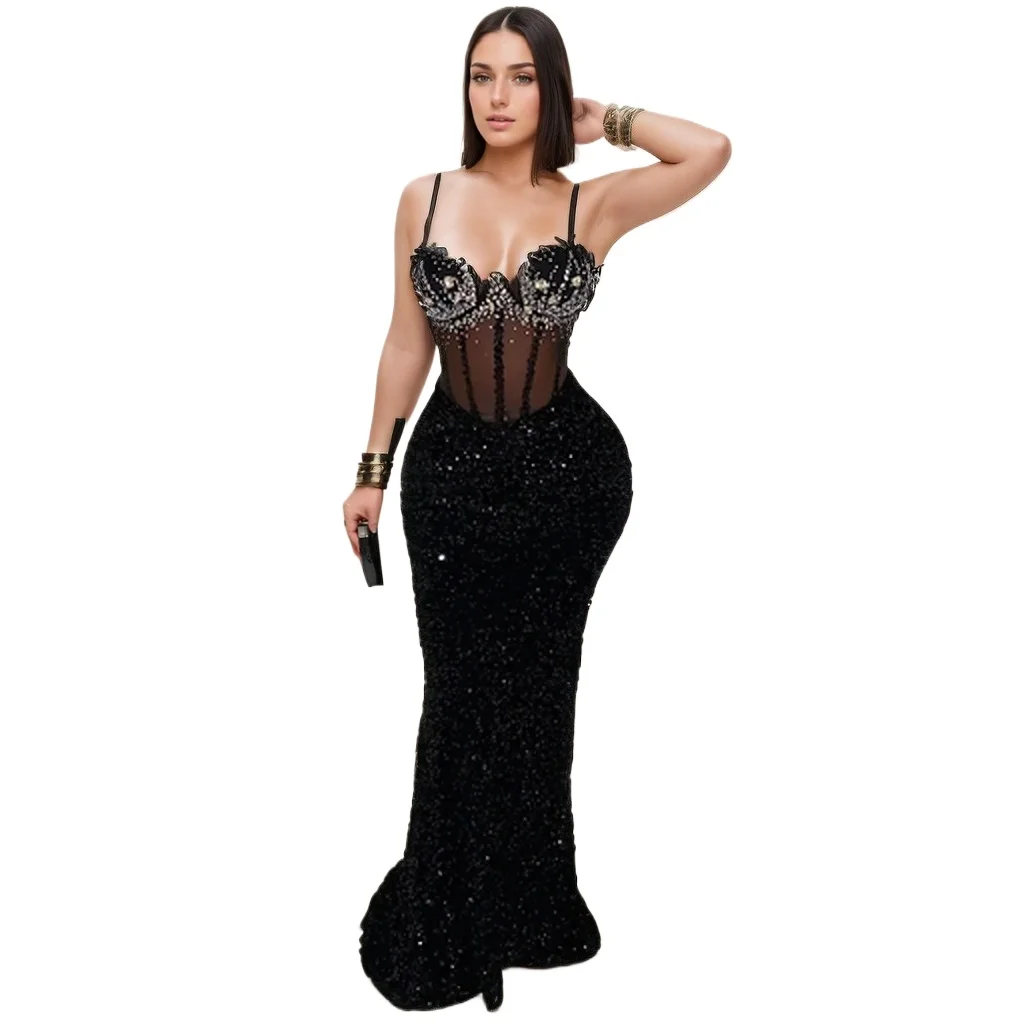 

Sexy Sweetheart Sequined Spaghetti Straps Sheer Waist Mermaid Long Formal Evening Dress Black