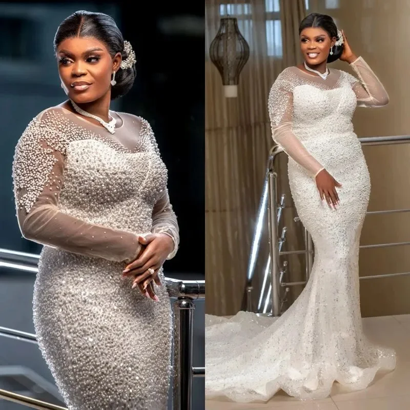 Maßgeschneidertes Meerjungfrau-Hochzeitskleid in Übergröße, Brautkleider für die Braut, transparente Illusion, lange Ärmel, Perlen, Kristalle, Perlen und Pailletten