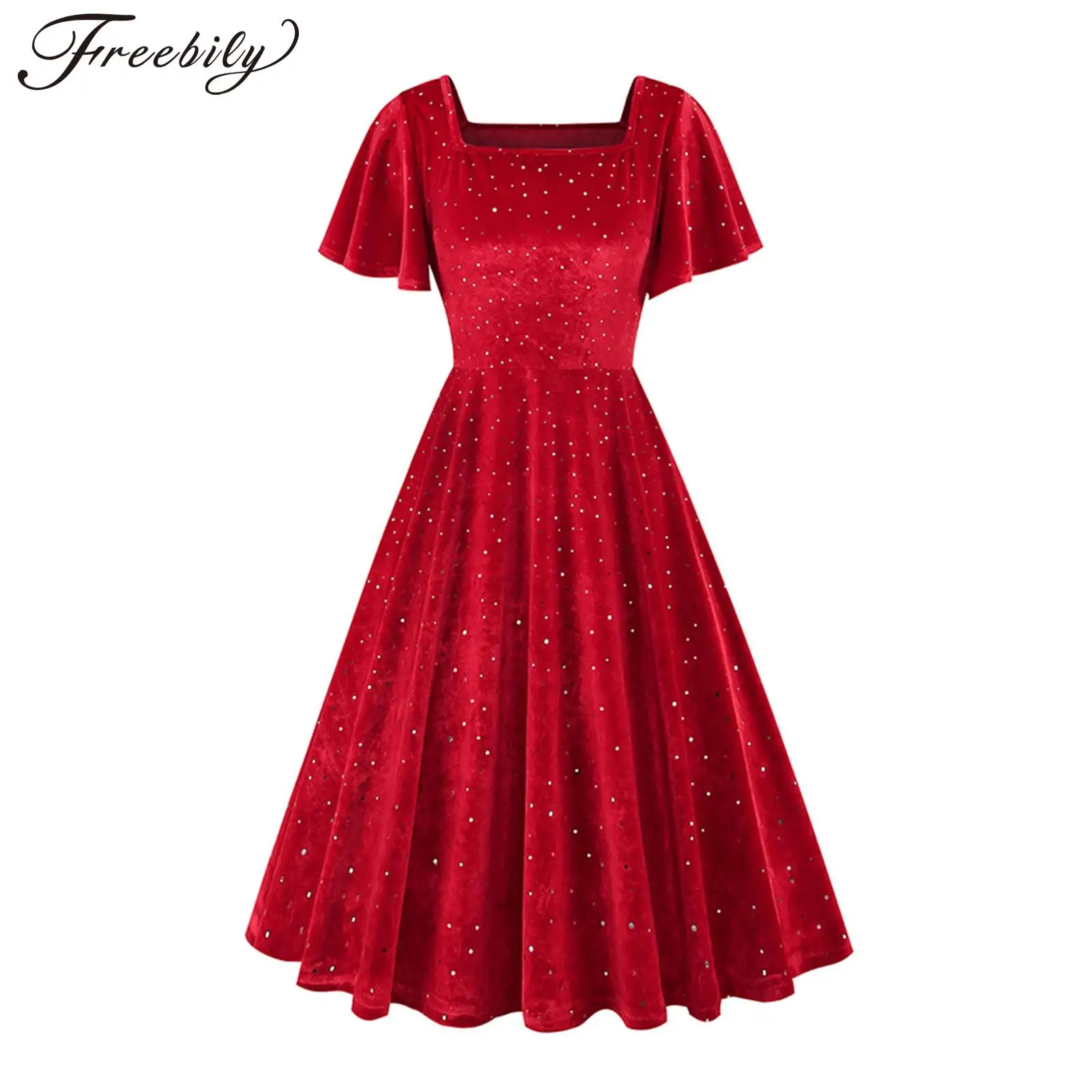 Women Elegant Retro Dress Short Sleeve Square Collar Sparkly Pleuche Dress for Party Banquet Celebration Pageant Prom Gown