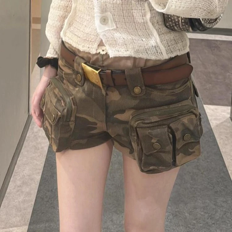 American Retro Camouflage Shorts for Women 2024 Summer New Slim Fit  Jeans Y2k Grunge Heavy Pocket  Pants Mujer