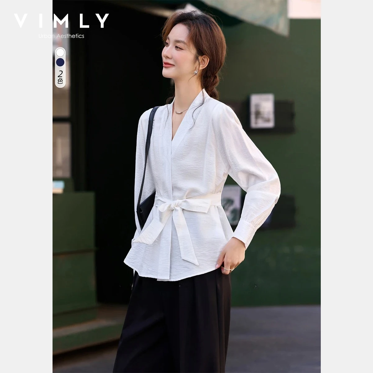 VIMLY Women's White V-Neck Blouse 2026 Spring New French Elegant Waist Tie Drawstring Casual Dailiy Long Sleeve Shirt 30598