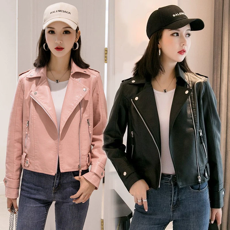 

Женская короткая кожаная куртка 2025 года, корейский стиль, приталенная байкерская куртка, весенне-осеннее укороченное мотоциклетное пальто, модный топ