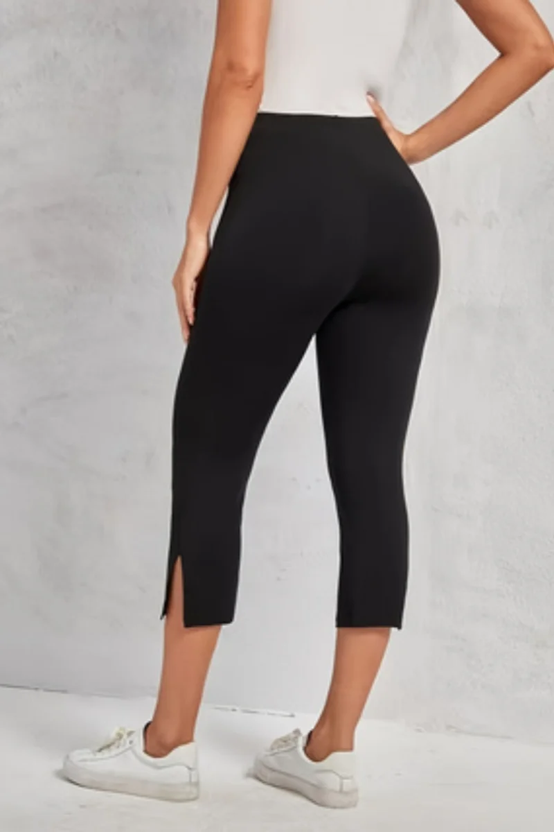 Women's Fashion Black High-Waisted Split Seven-Eighth Pants