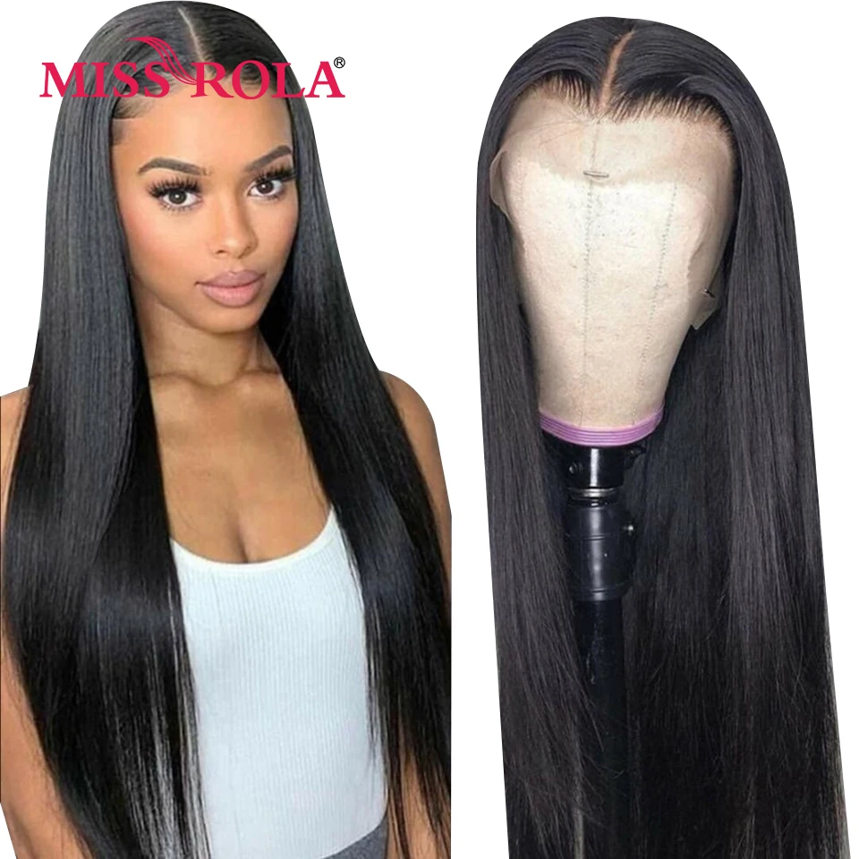 MISS ROLA − Perruque brésilienne naturelle, avec bonnet en dentelle, cheveux de qualité remy, lisses, brun, 13x4, avec baby-hairs, densité 180%