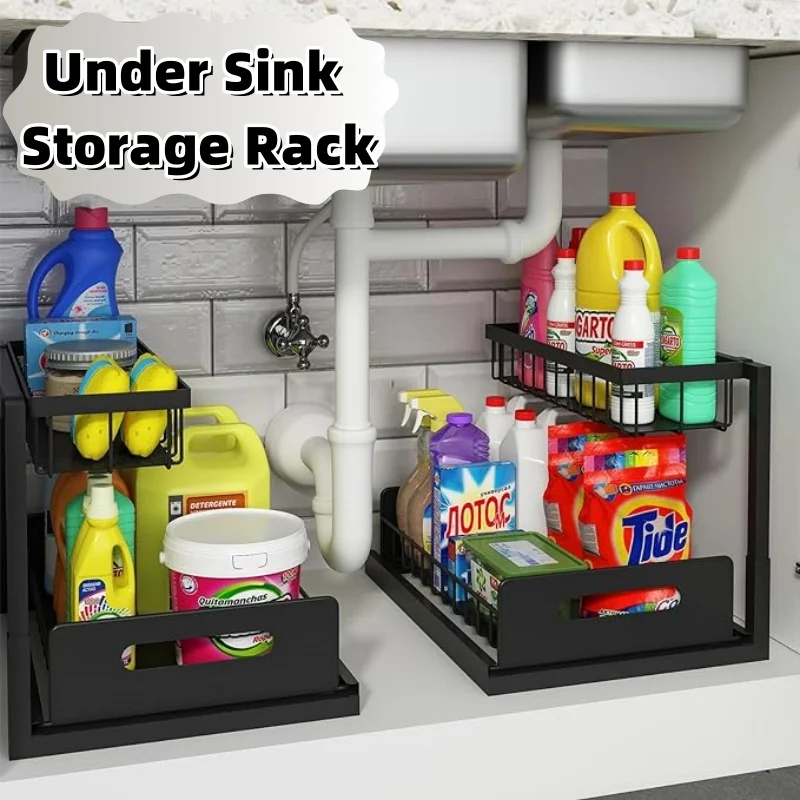

Double Layer Under Sink Storage Rack Sliding Cabinet Basket Storage Rack Bathroom Kitchen Removable Pull Out Storage Rack