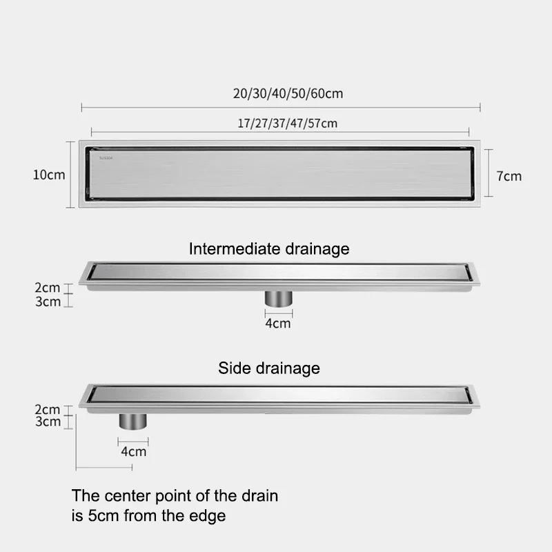 Invisible Bathroom Floor Drain 304 Stainless Steel Shower Drains Anti-odor Bathroom Shower Drainage 10cm Width Square Strainer