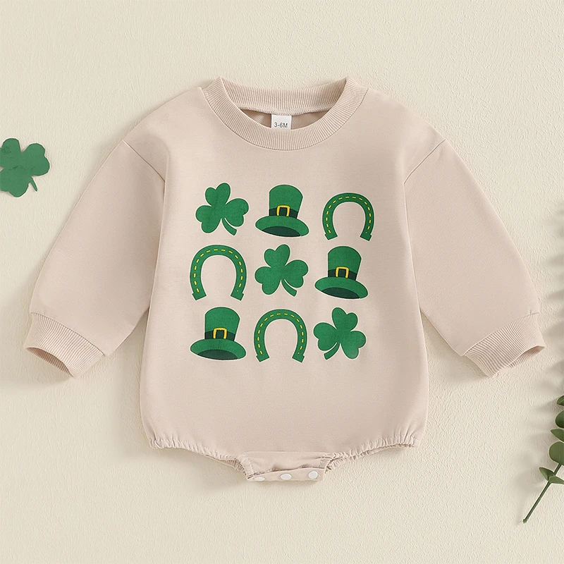 Baby Spring Casual Sweatshirt Jumpsuit Long Sleeve Round Neck Clover Hat Print Romper for 0-18 Months