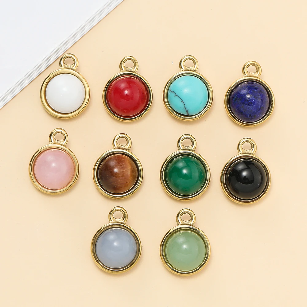 1Pc 10x13.5mm Multi Color Stainless Steel Natural Stone Round Pendant DIY Accessories For Handmade Necklace Jewelry Making