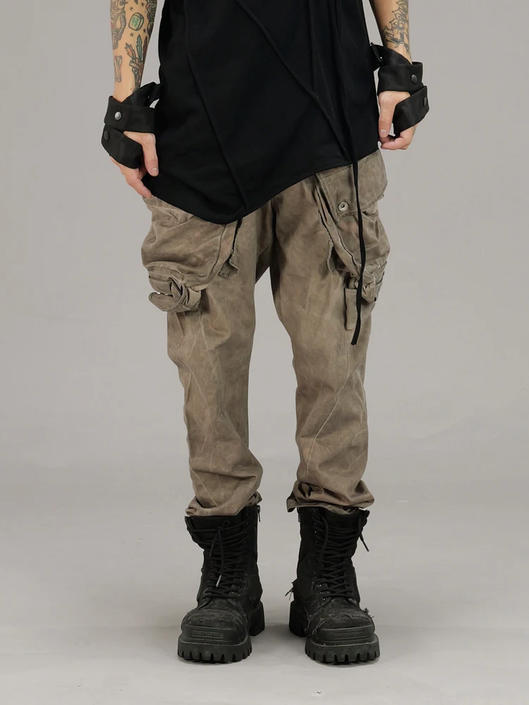 High Street Pioneer Wasteland Sand Dune Functional Tie Dye Distressed Multi Pocket Shell Pants Men's Workwear Casual Pants