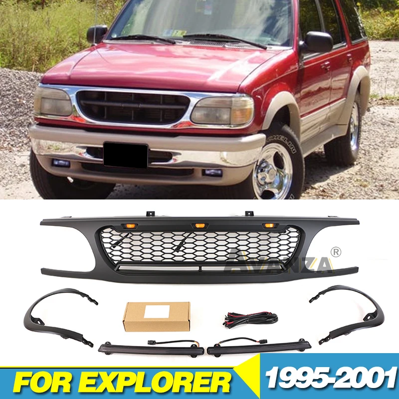 Auto Parts Front Grille With Light Bars Fits For Ford Explorer 1995-2001 Racing Grill Accessories