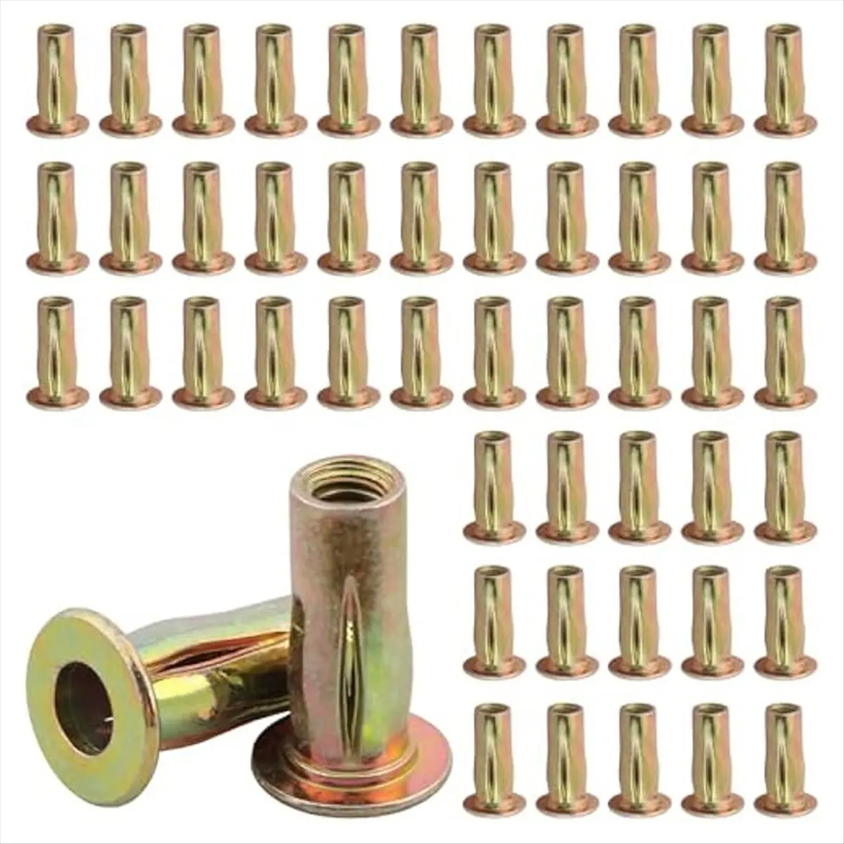 *A14E 50pcs Multi-Grip Rivet Nut Kit,5/16-18 Rivet Nut Pre-Bulbed Shank, Plus Nut Zinc Plated Flat Heads Threaded Insert Nut
