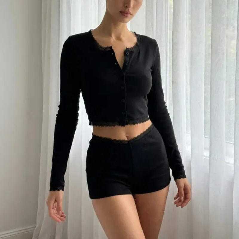 

Summer New Lace Round Neck Long-sleeved Top Sexy Tight Shorts Two-piece Loungewear