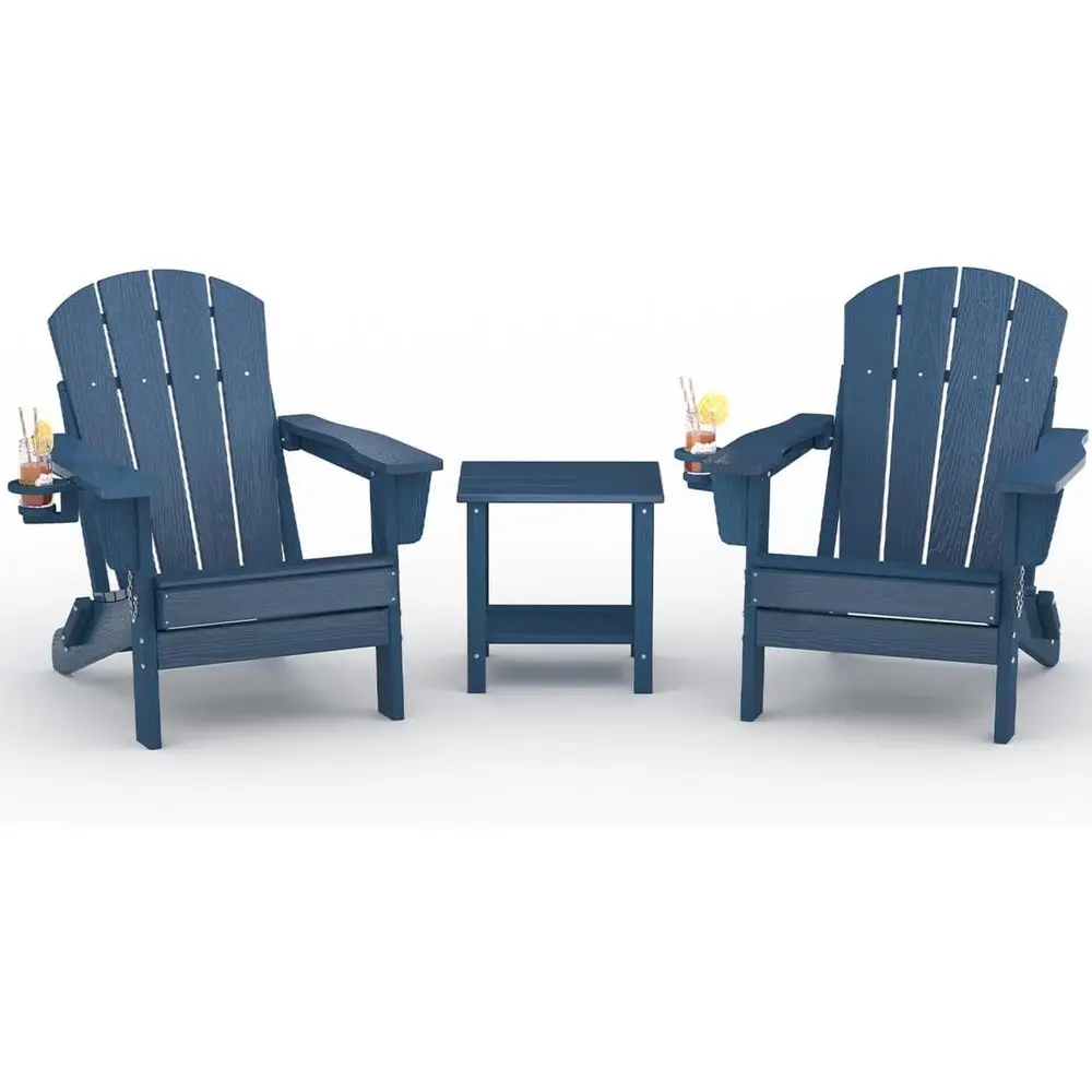 

All-Weather Navy Blue HDPE Outdoor Adirondack Chair Set of 2 with Side Table and Cup Holder