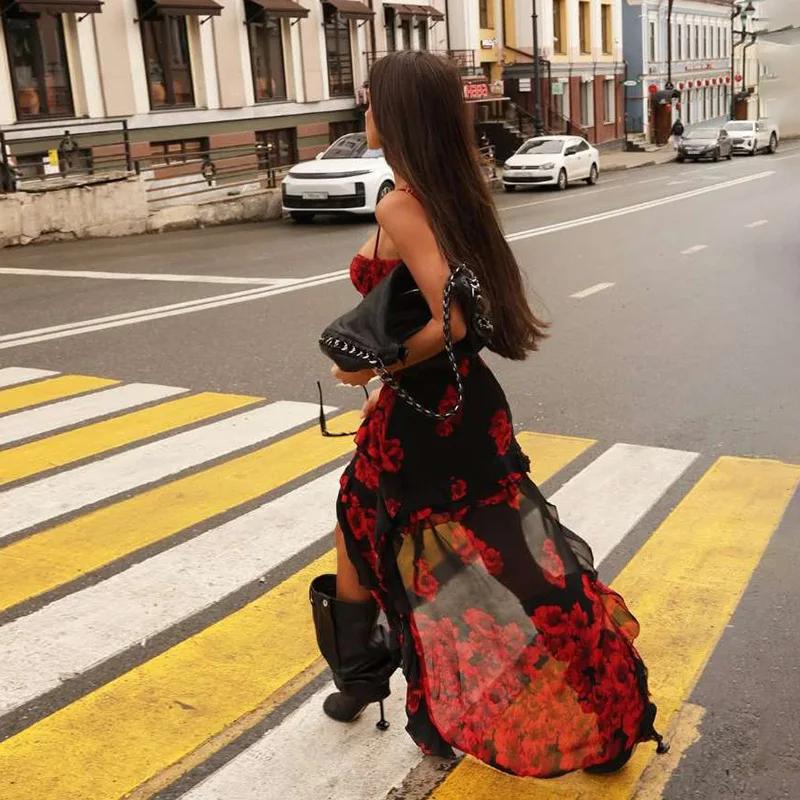 Sexy mesh off-shoulder backless printjurk streetwear rode slim-fit staartjurk trein clubwear feest prom vakantie maxi-jurk